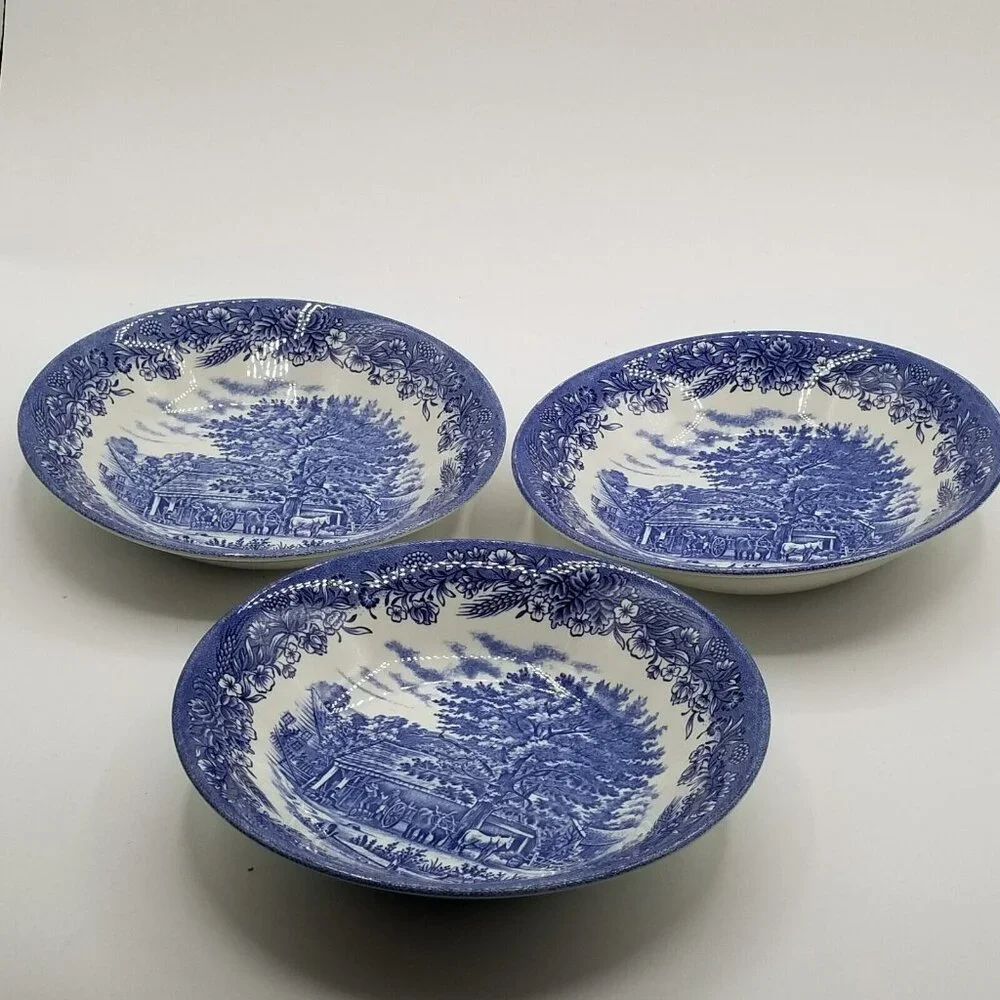 Lot Of 3 Churchill England Soup Bowls 7.75” Farm Scene‎ Horse Oxen Blue Floral